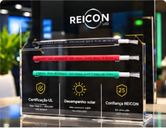 Display de balcão em acrílico preto com amostras de cabos da Reicon