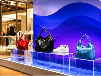Vitrine da Arezzo com expositores em acrílico para bolsas e calçados
