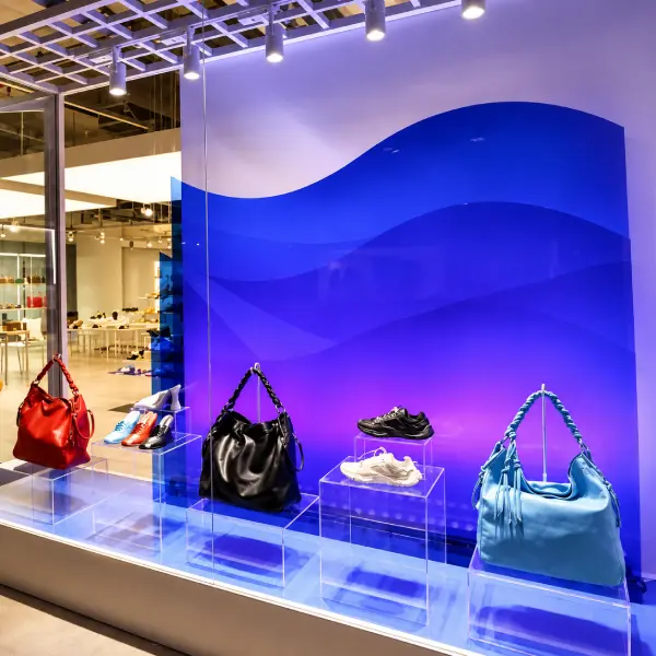 Vitrine Arezzo com displays em acrílico azul e roxo para bolsas e sapatos