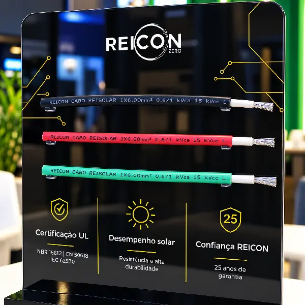Expositor de balcão em acrílico preto da Reicon com amostras de cabos